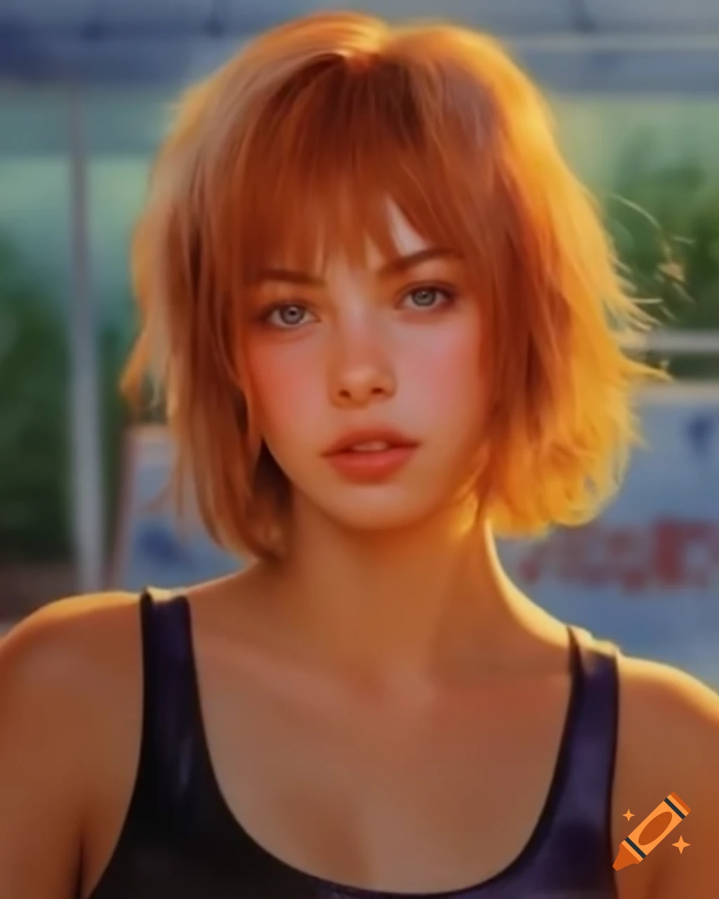 Hyper-realistic yandere French female skater with ginger hair at skate park, detailed face features