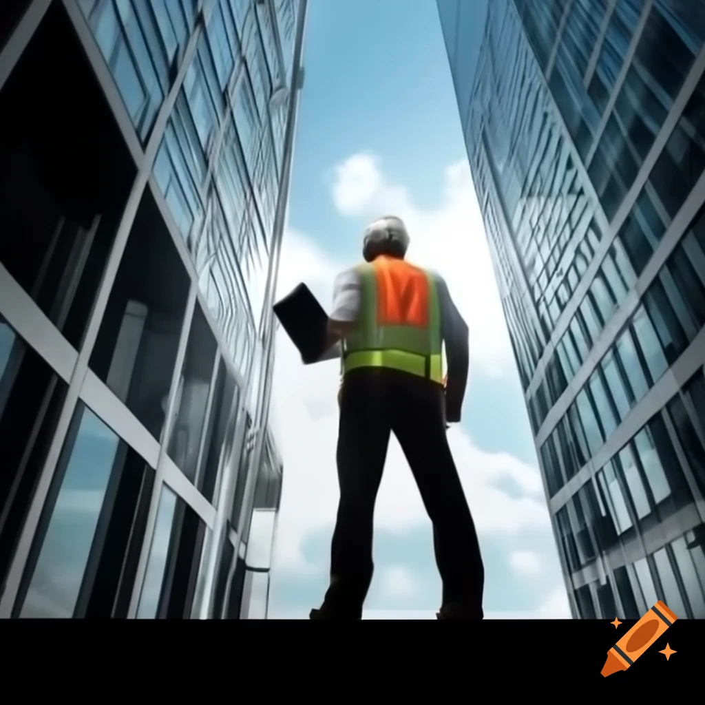 Civil engineer observing modern skyscraper wearing hard hat and safety vest