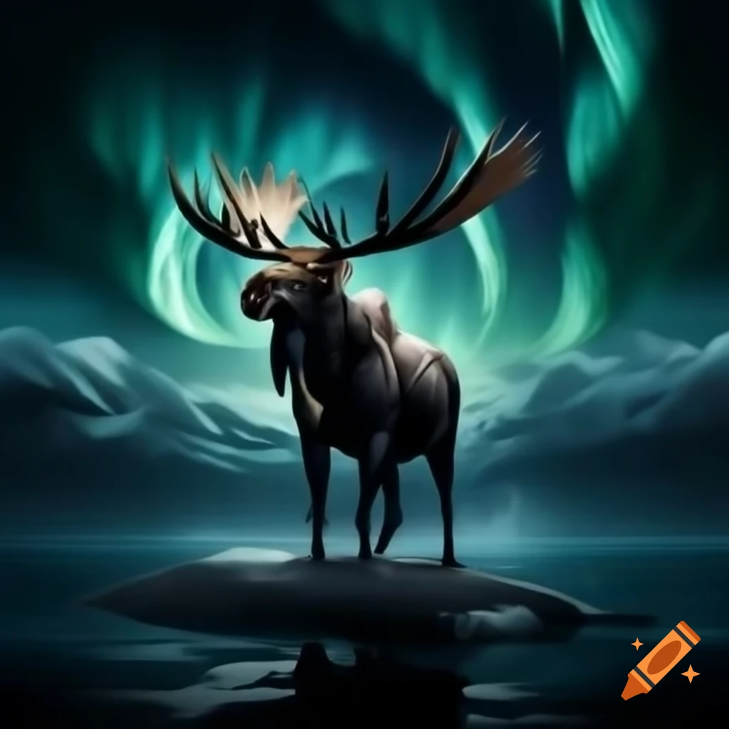 Mythical scene of moose on whale under aurora borealis