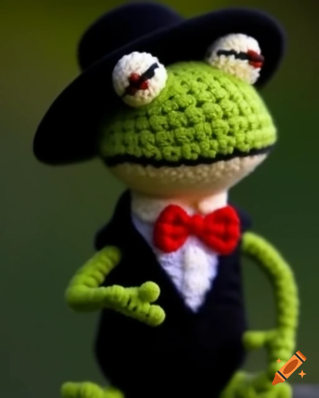 Amigurumi frog wearing black hat and tuxedo