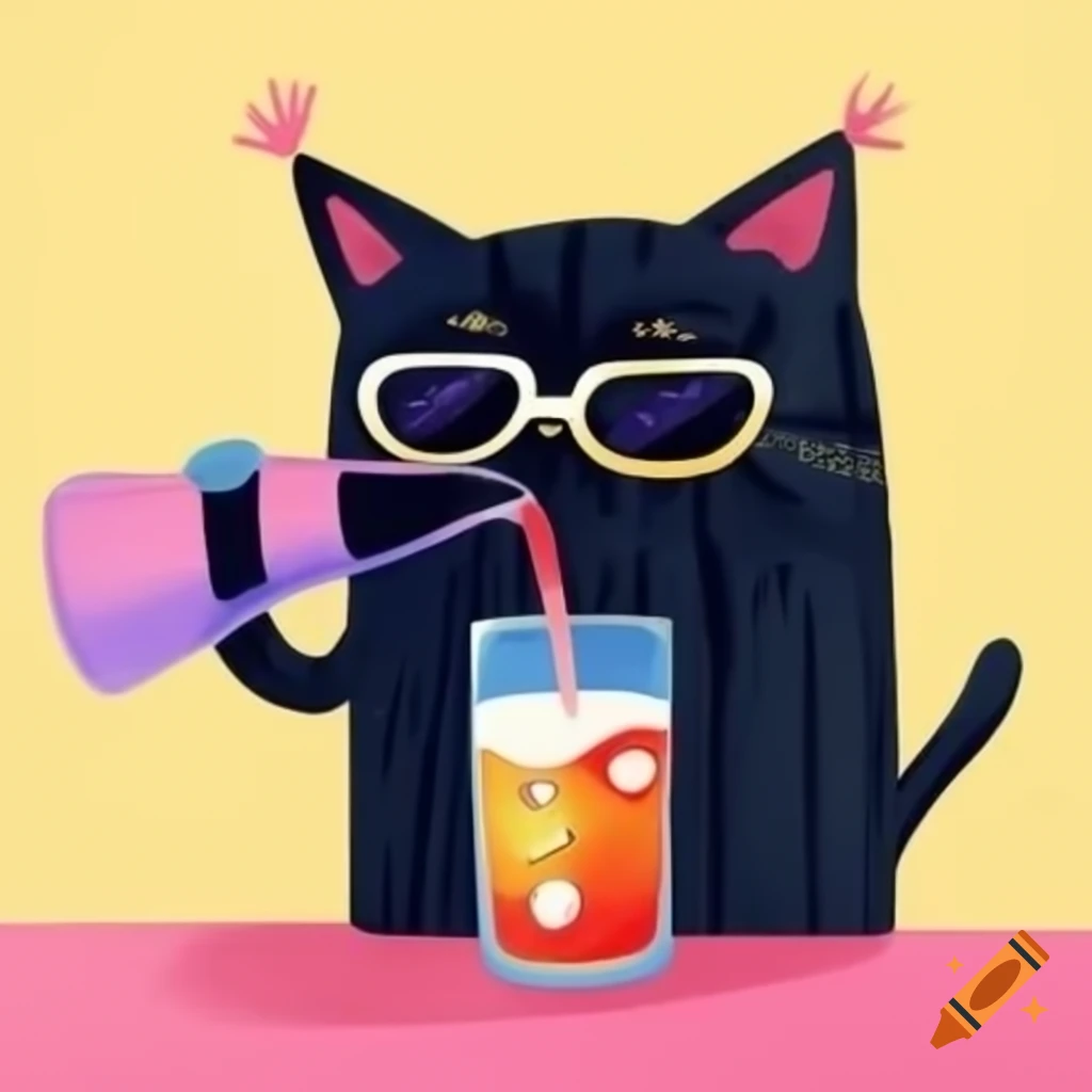 Cartoon black cat wearing sunglasses drinking a beverage on craiyon