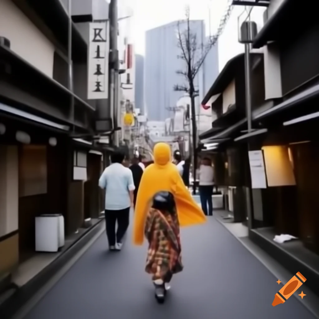 Woman in vibrant hijab walking down bustling Japanese street