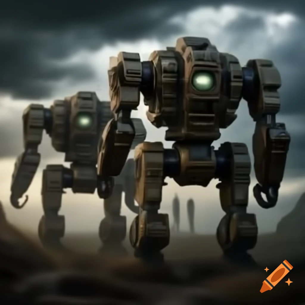 Rows of mech robots beneath a cloudy stormy sky