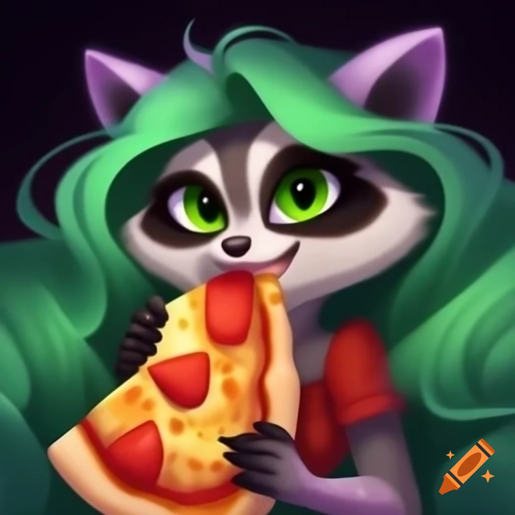 Anthropomorphic raccoon with green and purple hair enjoying pizza, Disney style