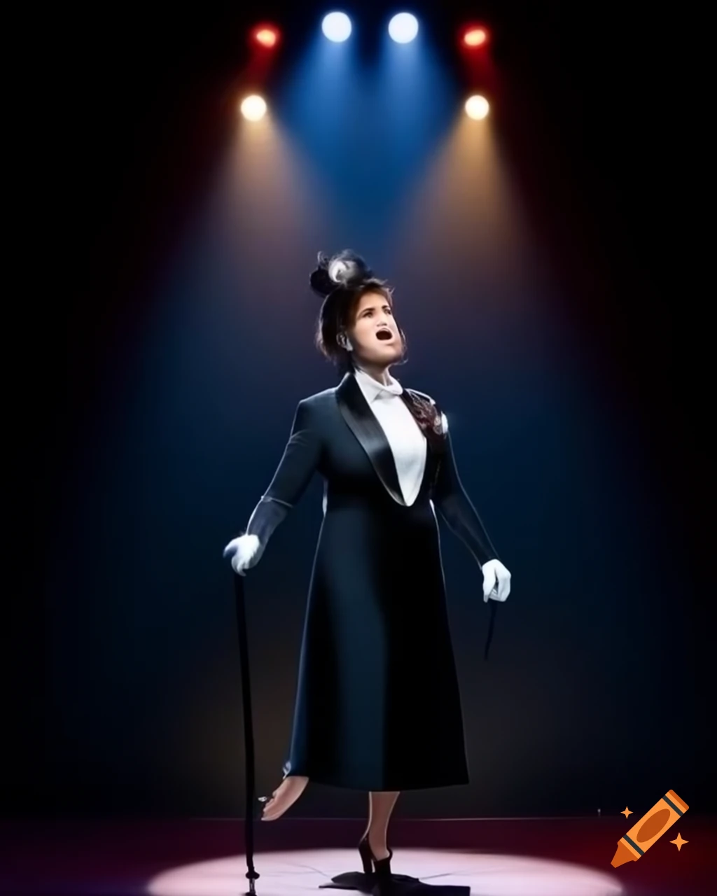 Amy Rose performing on stage in 1920s tuxedo with top hat and cane