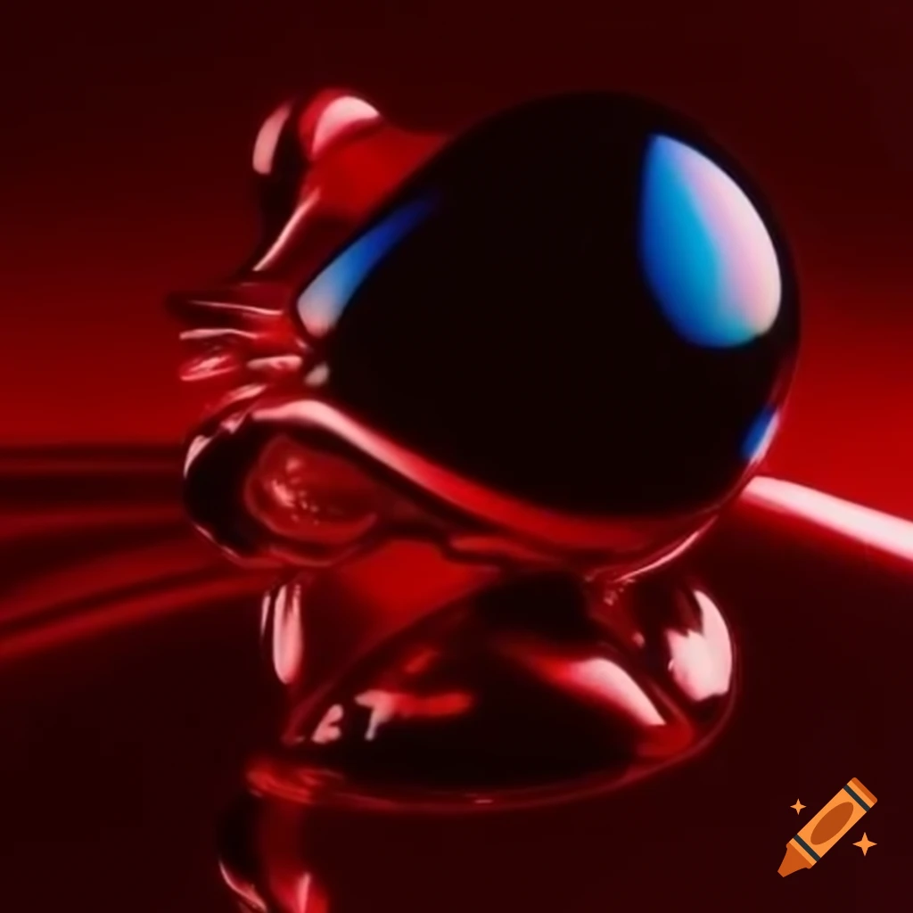 Pop surreal photography featuring iridescent red glass statue