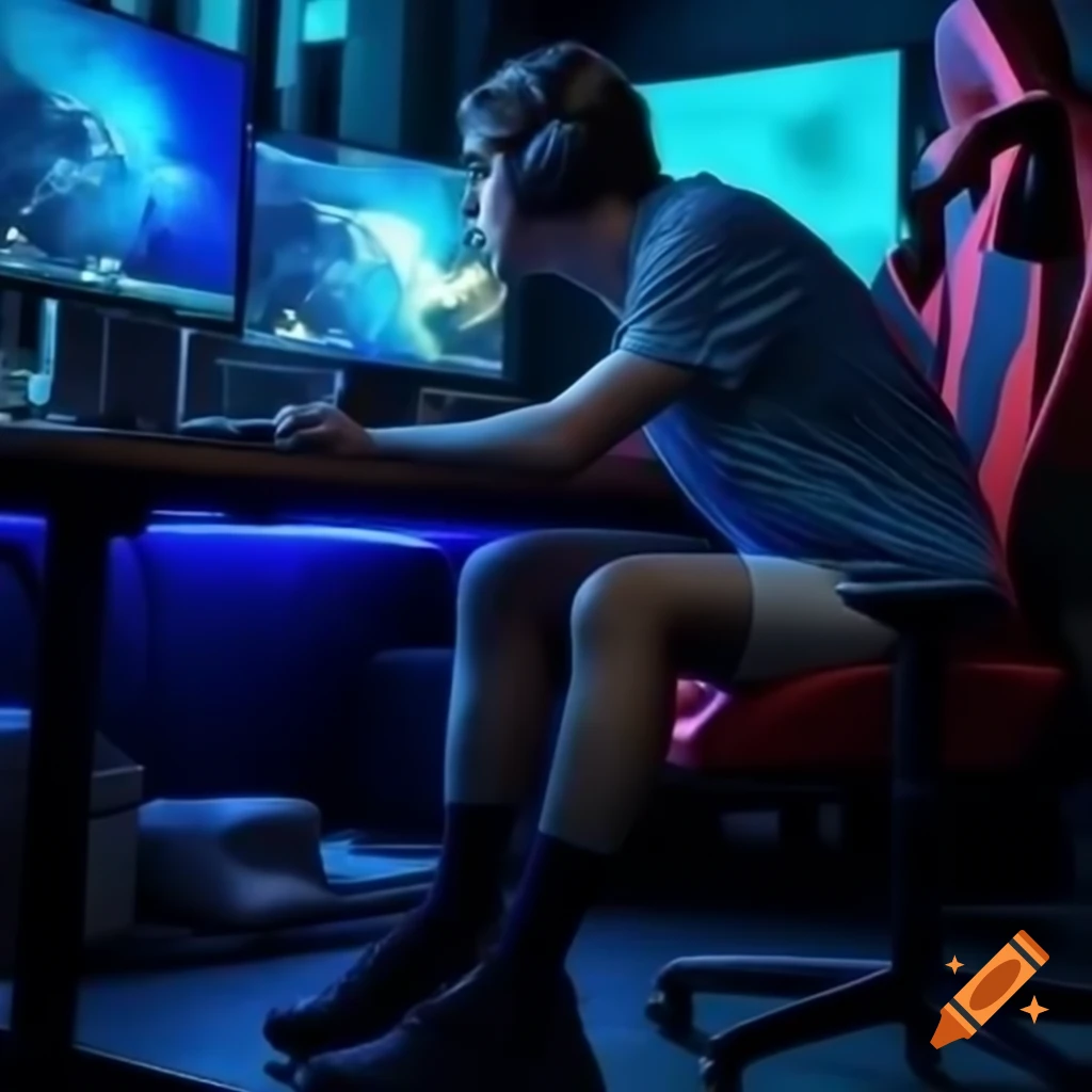 PC gamer in blue striped shirt and high black socks at desk