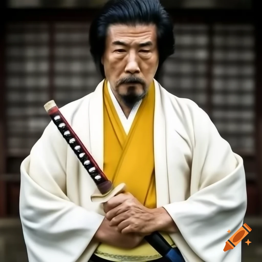 Samurai in white kimono with katana and yellow scarf