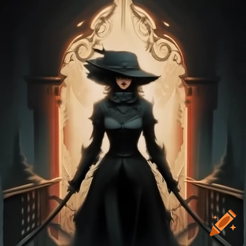Maria from Bloodborne in Art Nouveau setting with dramatic sunlight