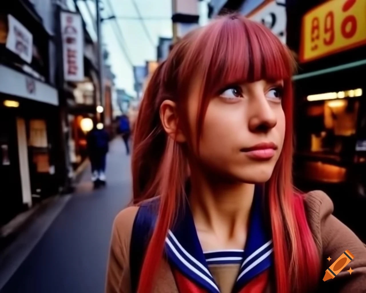 Hyper-realistic portrayal of Monika from Doki Doki Literature Club in Shinjuku street