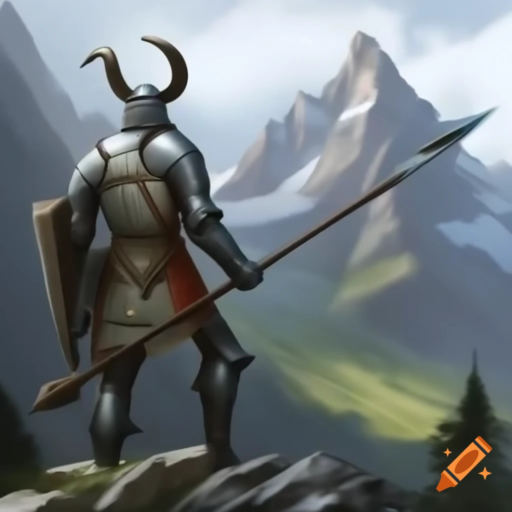 Swedish knight armor with hooked spear near mountain goats on alpine cliffs