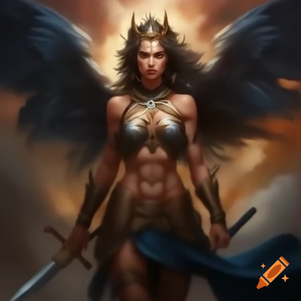 Warrior princess with majestic sword in epic action painting