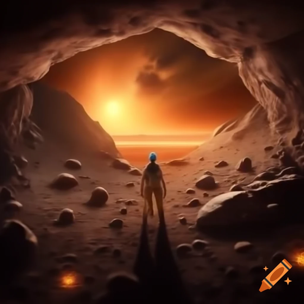 Astronaut in spacesuit observing falling asteroids from Martian cave
