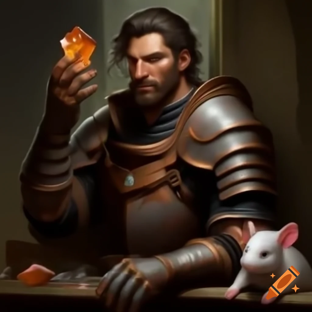 Man in rusty armor holding an orange crystal with pet rat wearing unicorn headband