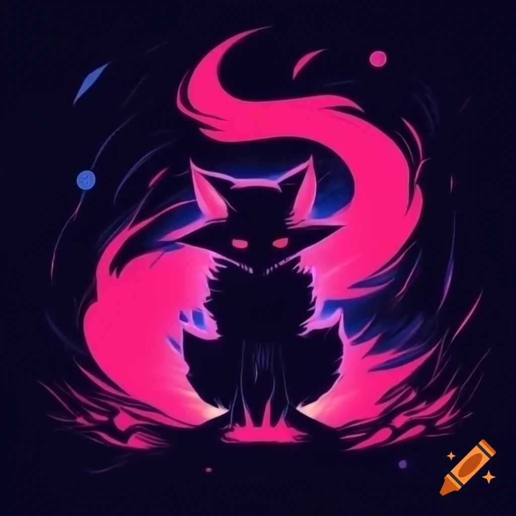 Kitsune silhouette under fedora with crimson eyes and swirling pink tails