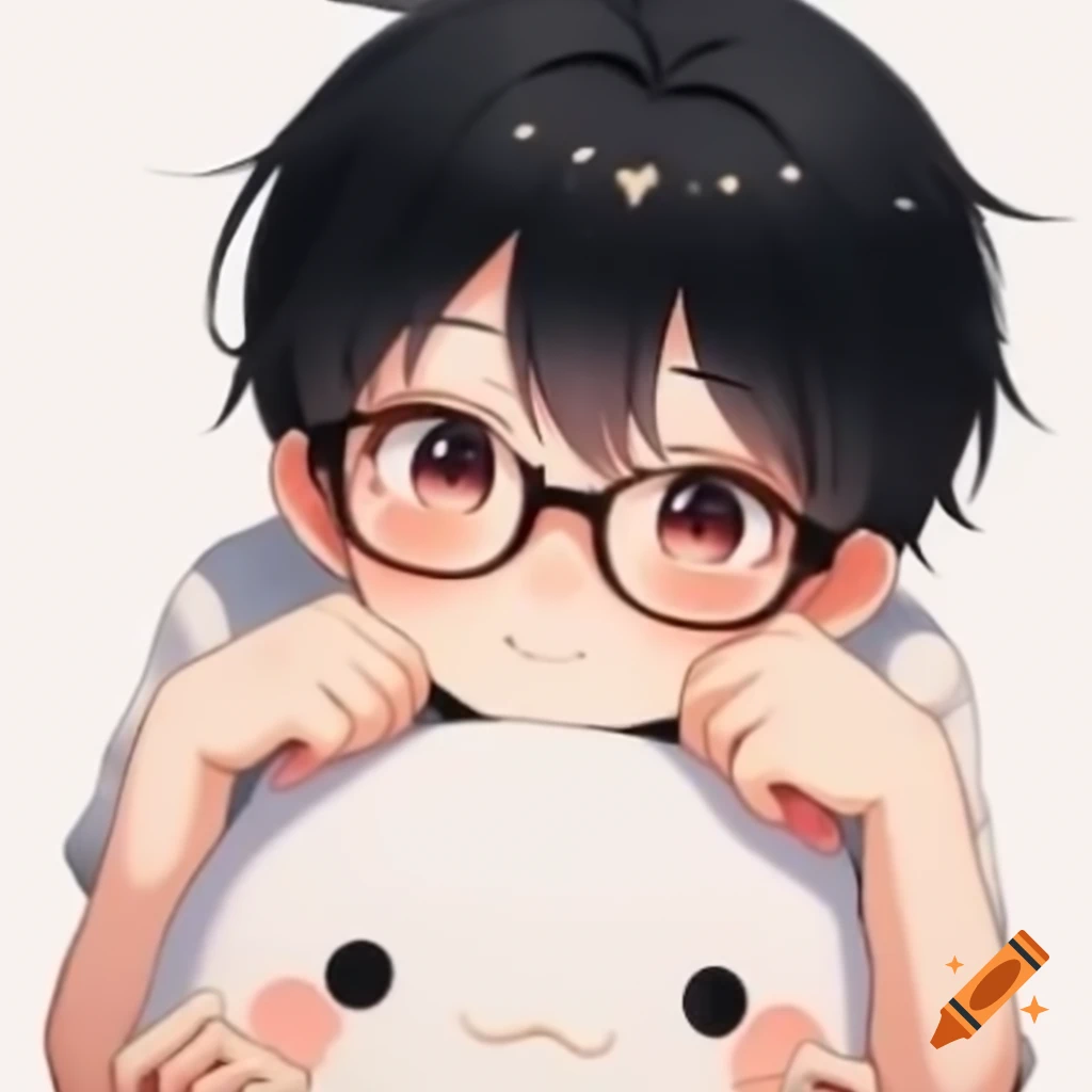 Anime boy with black hair and glasses holding a plushie, looking cute and shy