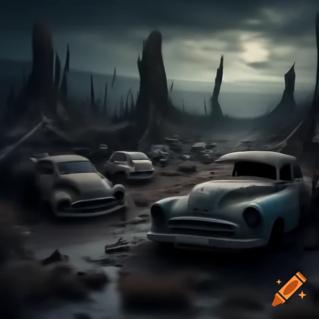 Ghosts in dark car junkyard at night with possessed car