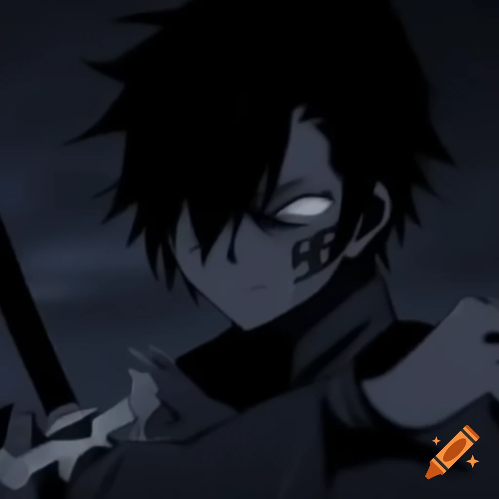 Dark anime character holding sword with head down