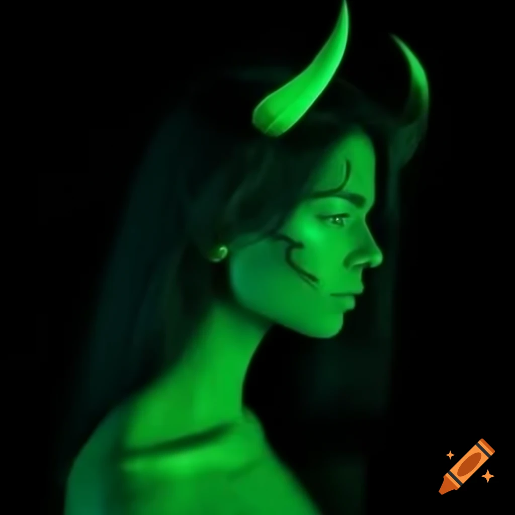 Green silhouette of a female devil character with horns
