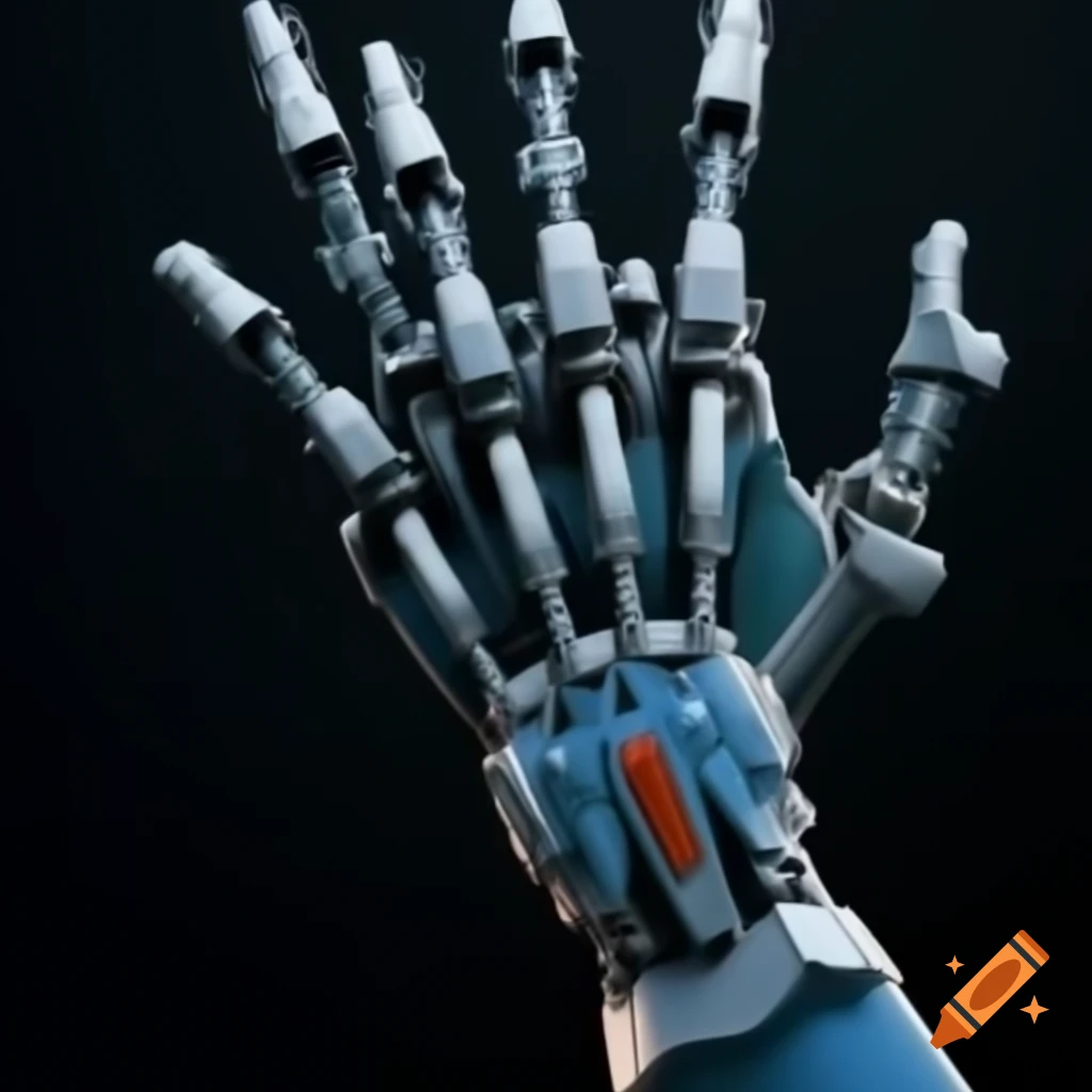 Futuristic human hand with robotic details in cool colors