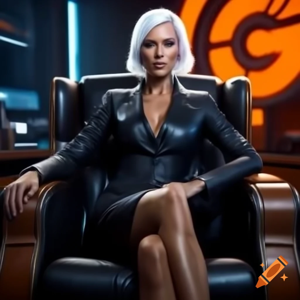 Professional chairwoman with white hair in leather chair against futuristic orange office backdrop
