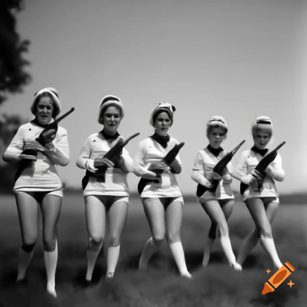 Five women with machine guns posing confidently