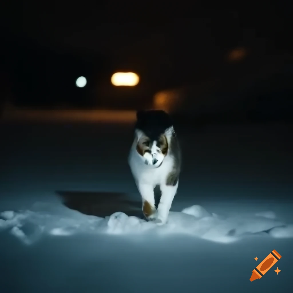 Cat walking in snowy landscape at night with bluish hue