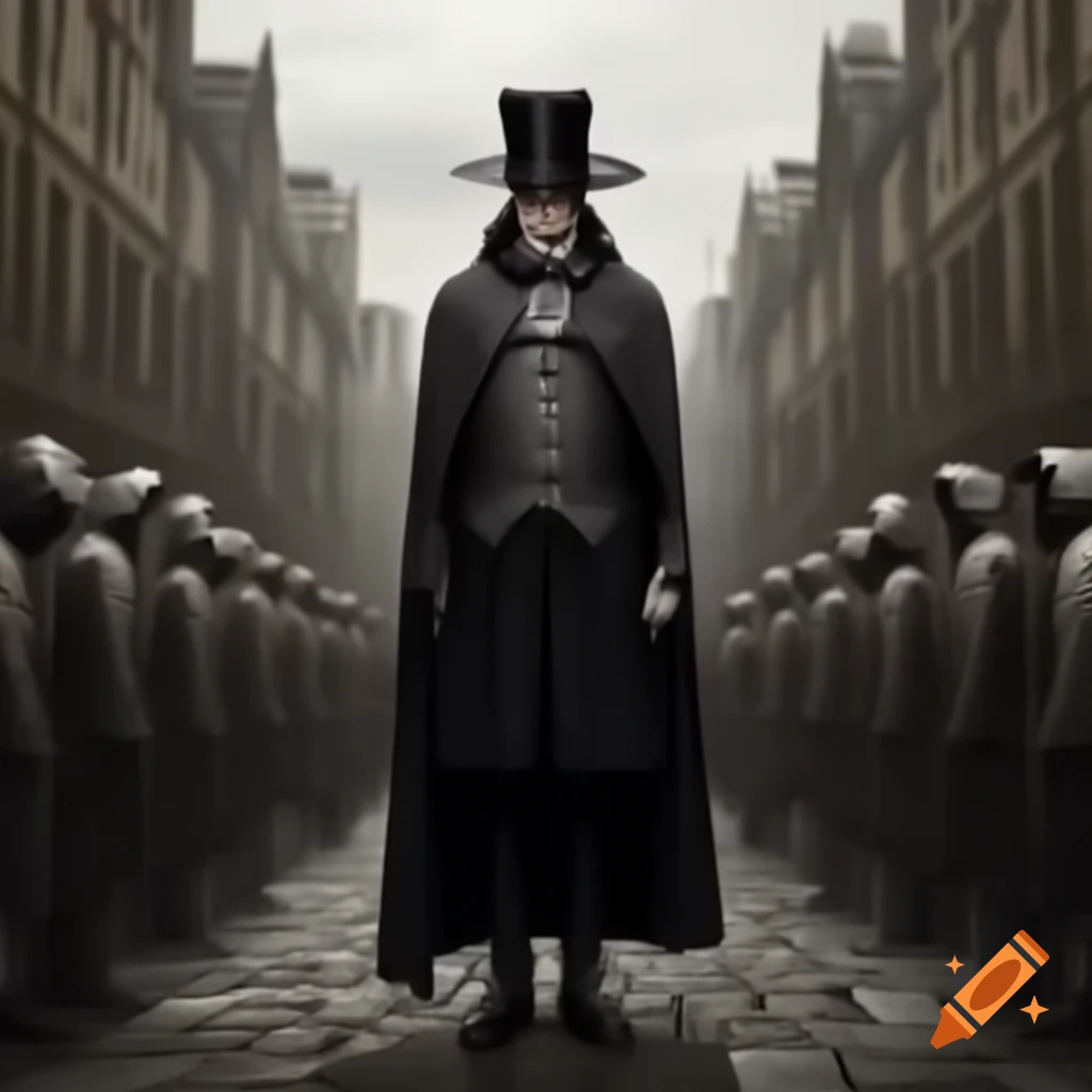 Colossal figure in doublet and pointed hat contrasts with smaller figures on cobbled street
