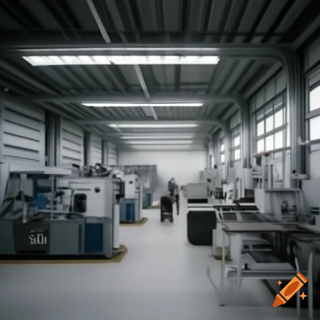 Technical garage lab with machines and people at work