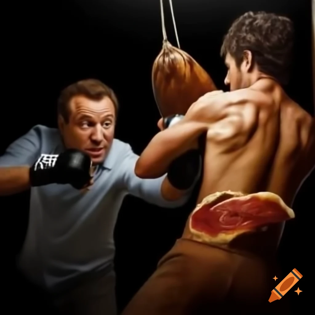 Man playfully punching a piece of ham