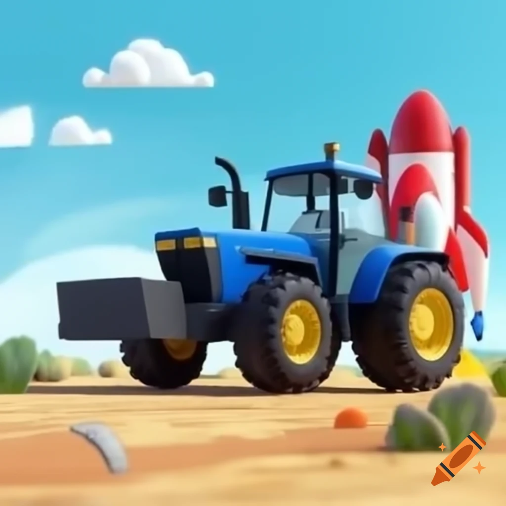 Blue tractor on a rocket