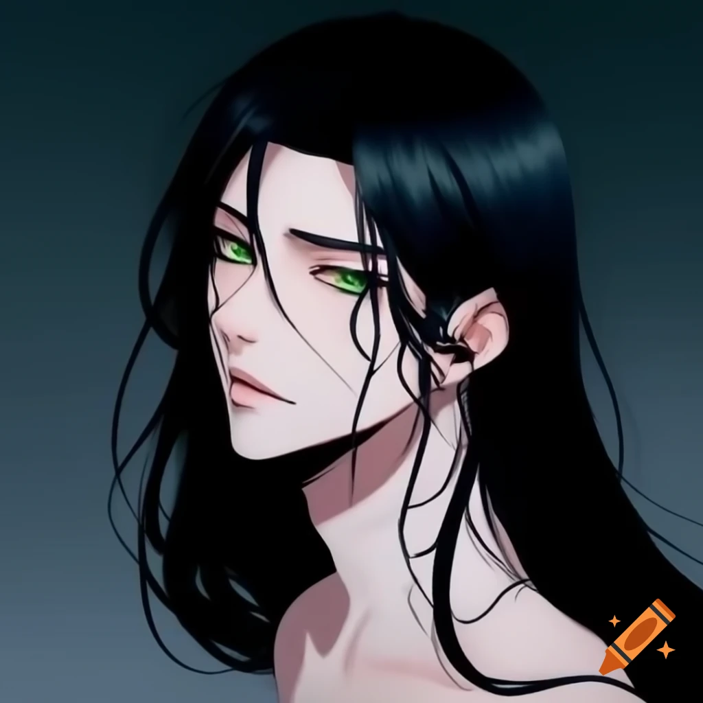Anime male character with long black hair, sharp jawline, defined cheekbones, and green tired eyes