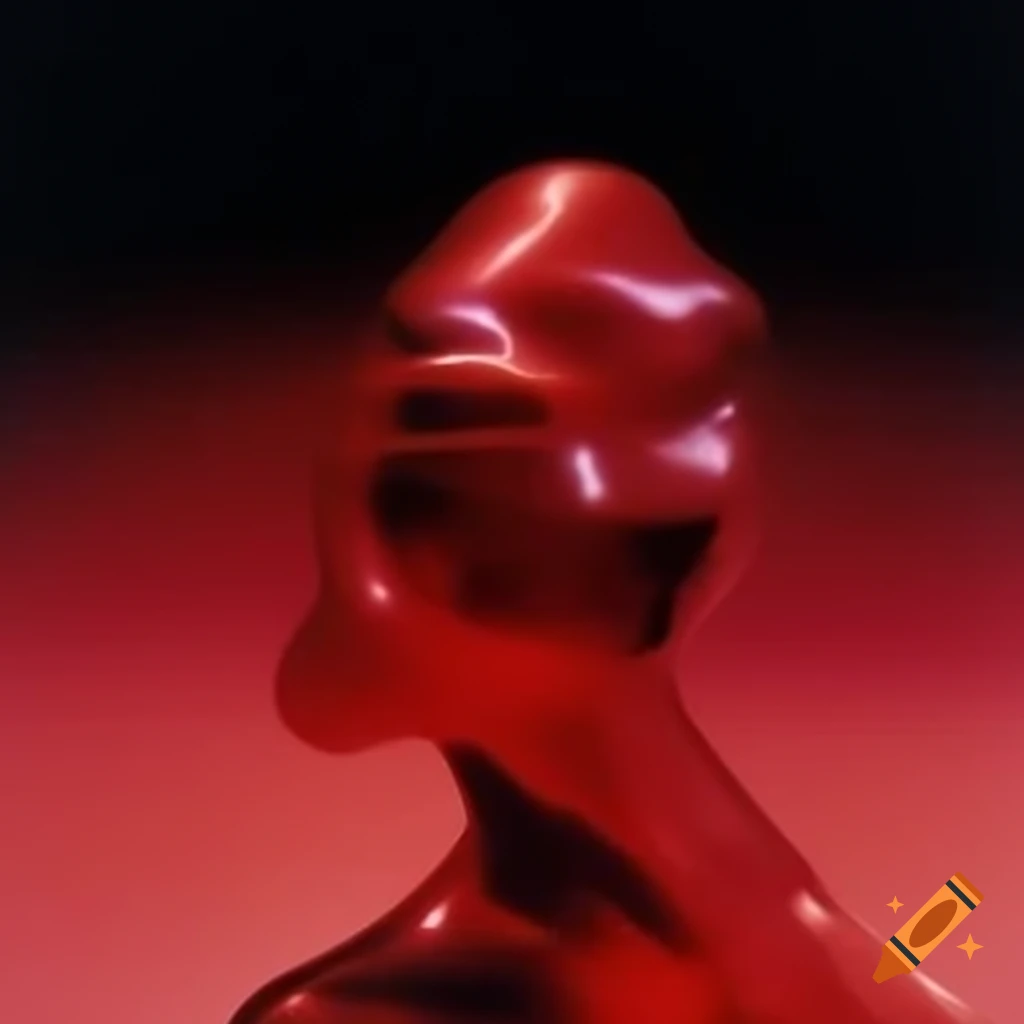 Iridescent red glass statue in pop surreal 2000's photographic style