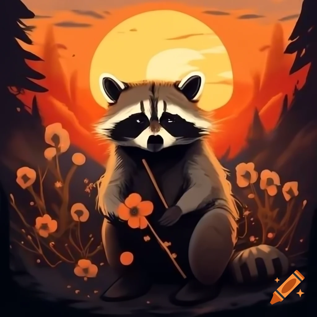 Wise-eyed raccoon holding wildflower at sunset in forest