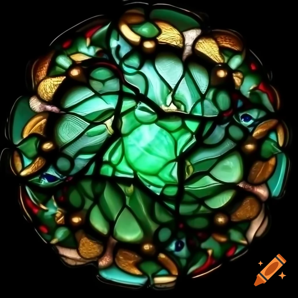 Circular stained glass window with emerald green and gold swirls, elven architectural style