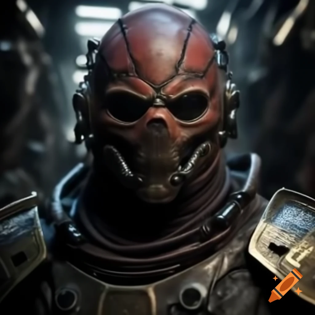 Realistic masked human pirate in sci-fi armor made from high-tech scrap