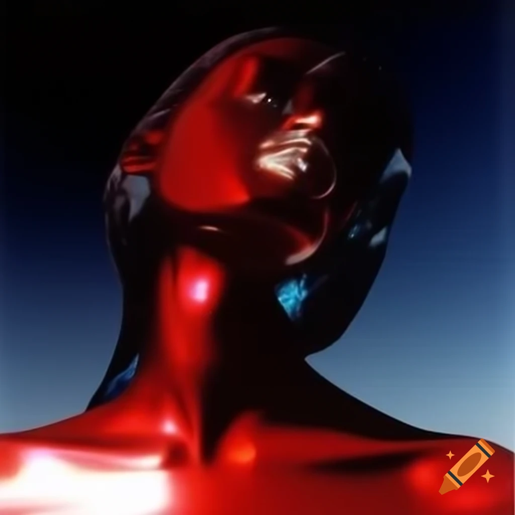 Pop surreal photography featuring iridescent red glass statue