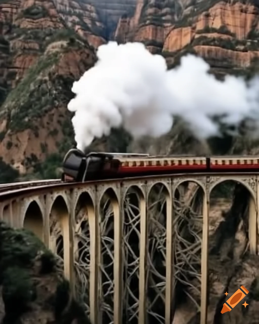 Vintage steam train crossing wooden bridge over deep canyon