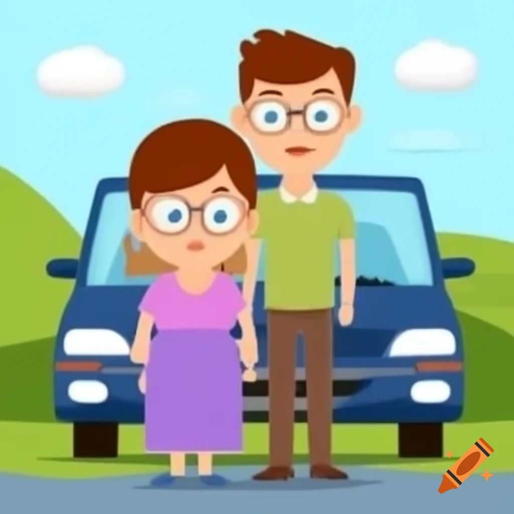 Cartoon parents standing in front of a car