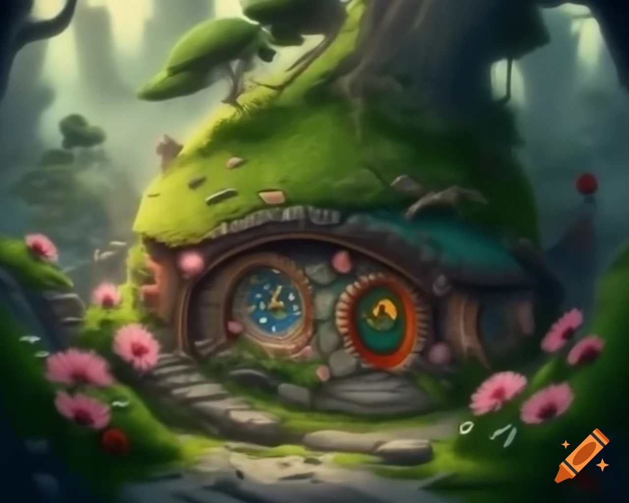 Miniature world with moss-covered hobbit house in Chinese alley beneath pink blossoms