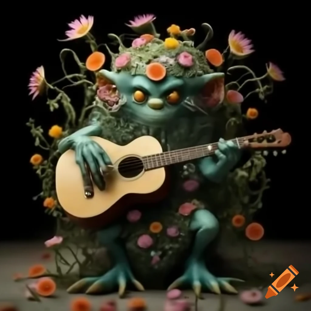 Intricate flower monster playing guitar in high detail