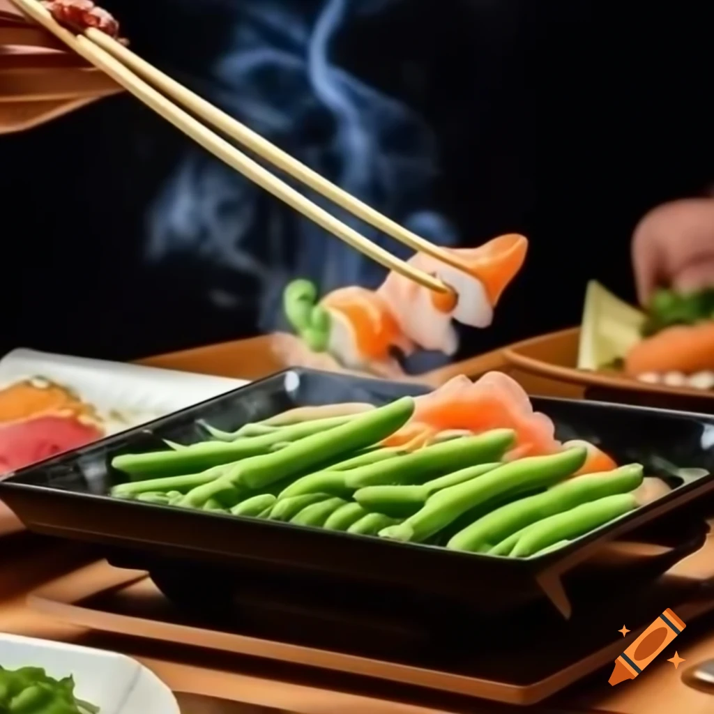 Hibachi grill flames cooking fresh edamame and wasabi with sushi salad