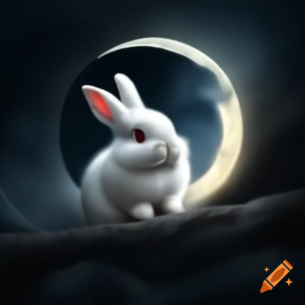 Fluffy white rabbit with red eyes hiding behind the moon