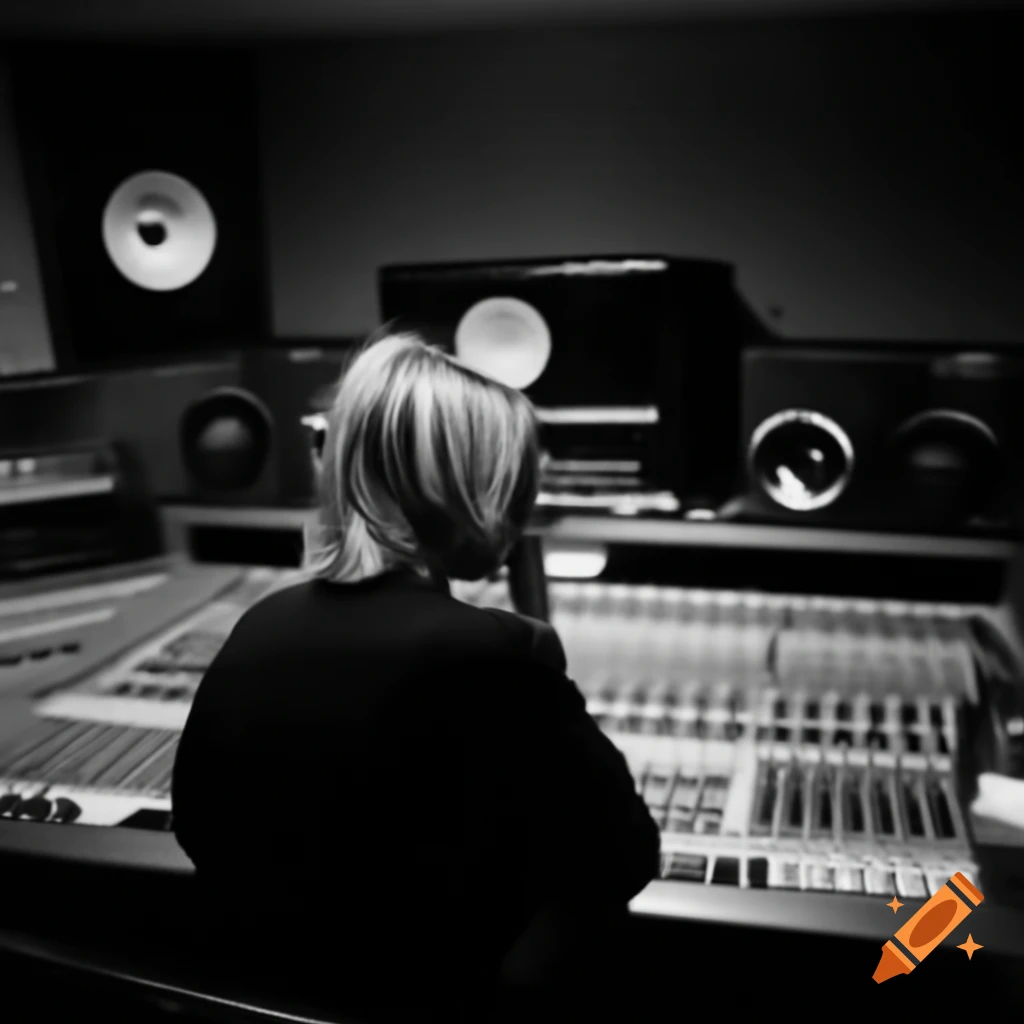 Kurt Cobain mixing songs in a recording studio