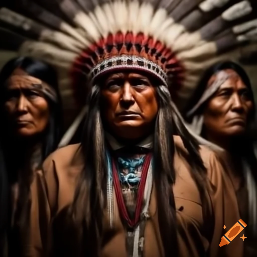 Person resembling Trump dressed as Native American with red headwear