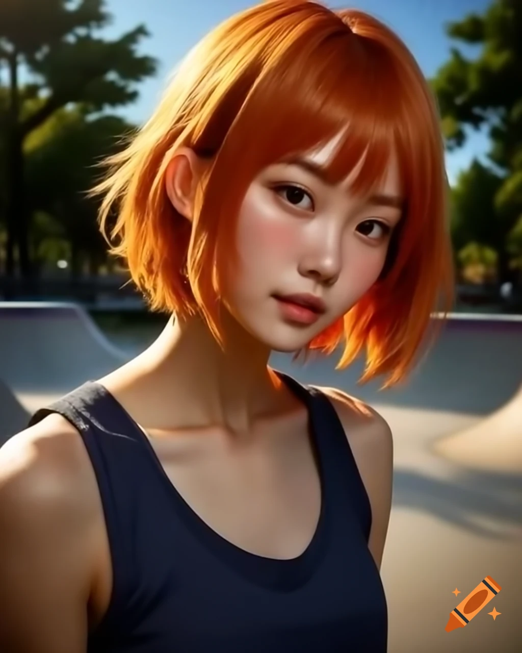 Hyper-realistic pixel art of blushing Chinese female skater in tank top at skate park