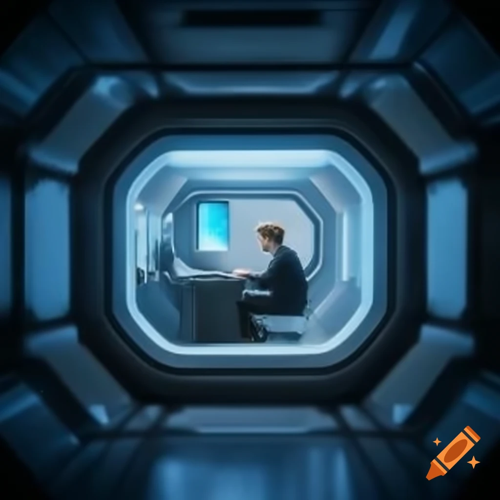 Futuristic work capsule with computers and feeding tubes, person inside