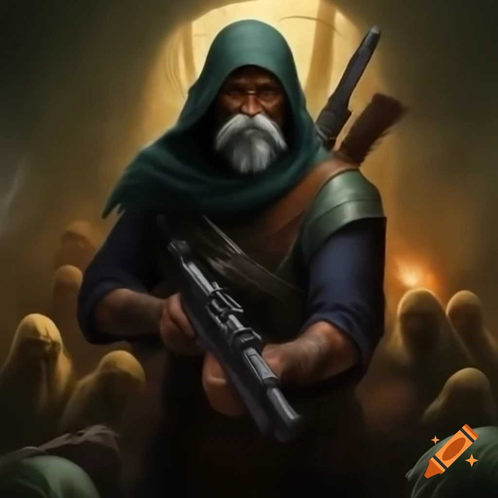Historical figure defending against zombies in a dynamic battle scene