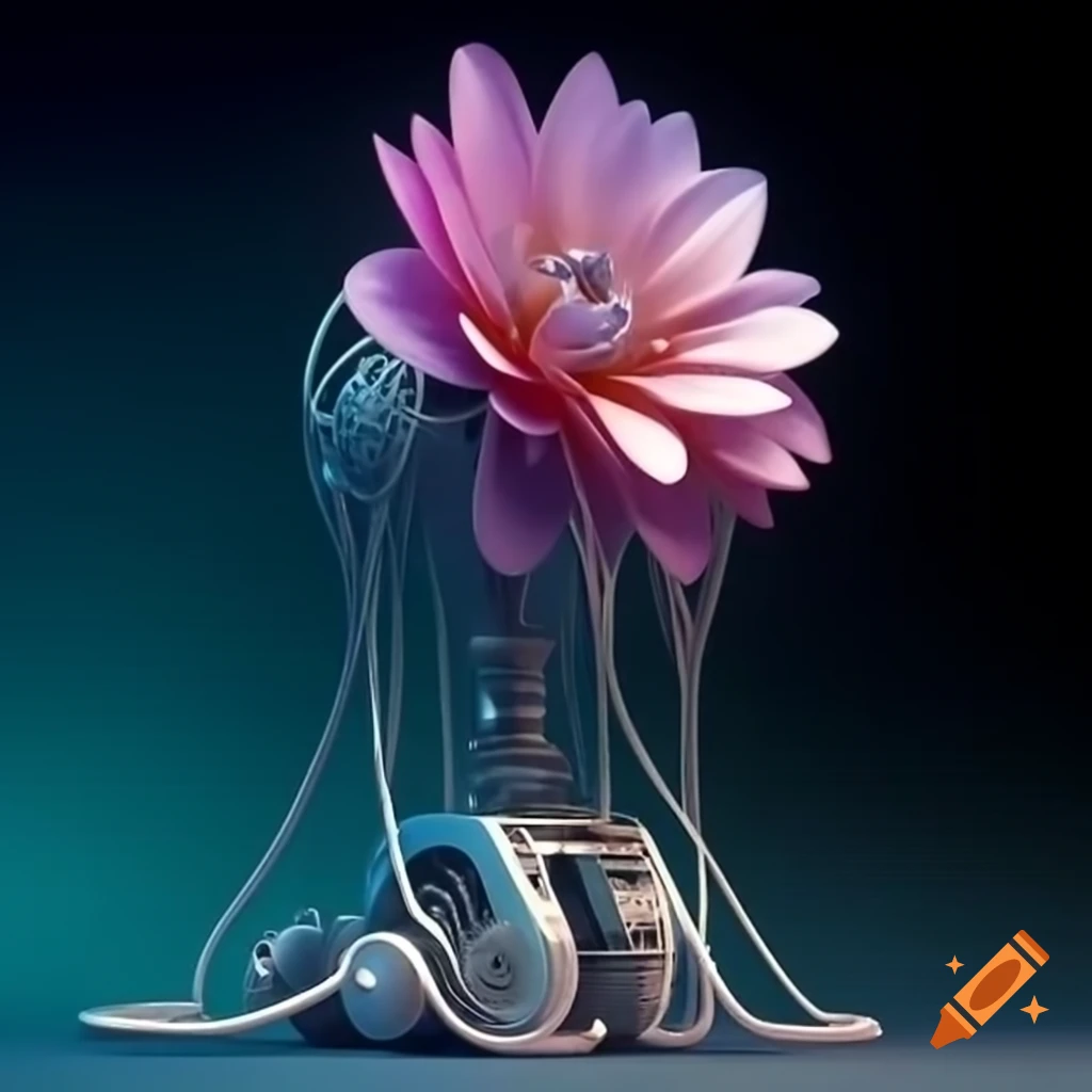 Futuristic robotic flower with cables in cold color palette