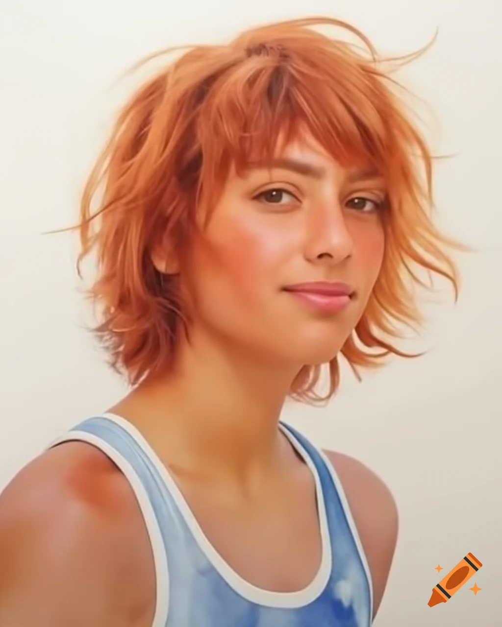 Hyper-realistic portrait of female skater with ginger hair in tank top at skate park